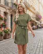Elara Mini Dress in olive green, smooth woven fabric, round neckline, self-tie waist belt by Lauven, stylish and modern.
