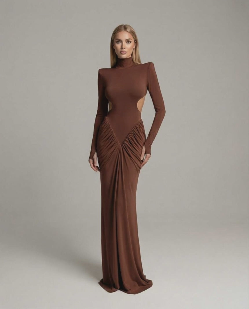 Sienna Maxi Dress featuring high neck, long sleeves, ruched open back, elegant brown fabric by Lauven.