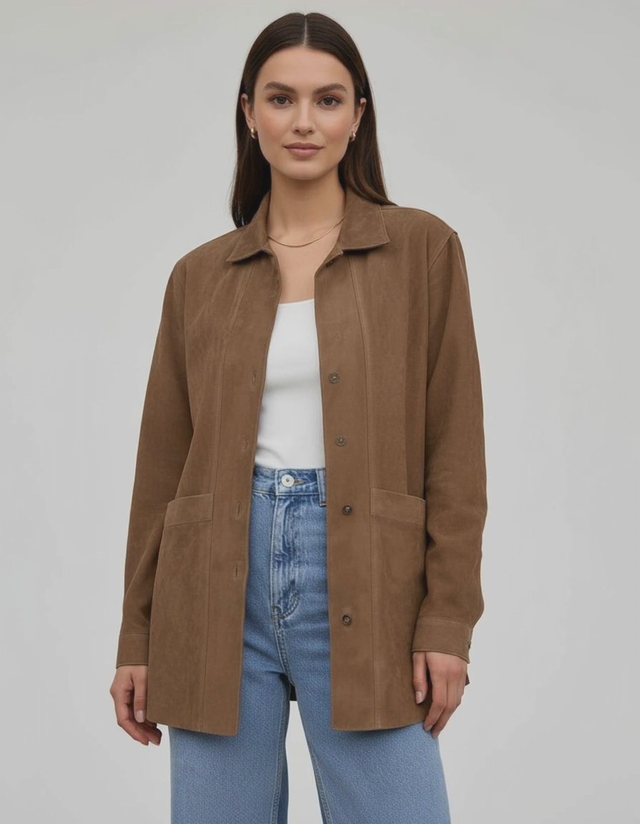 Sienna Jacket by Lauven - Women’s oversized jacket in rich brown with relaxed fit and button-down closure.