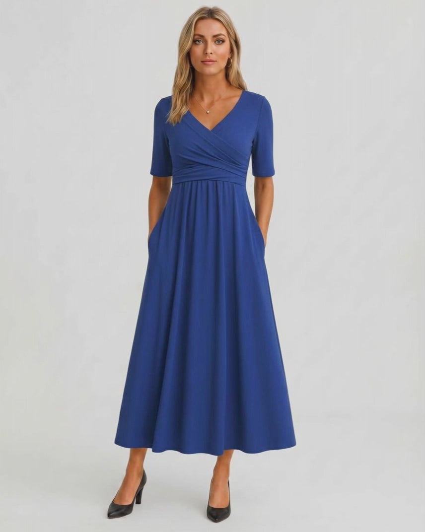 Velmira Midi Dress by Lauven — soft stretch short sleeve V-neck A-line midi dress