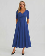 Velmira Midi Dress by Lauven — soft stretch short sleeve V-neck A-line midi dress
