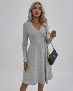 Florence Midi Dress by Lauven – Women's Grey Midi Dress with Long Sleeve V-Neck and A-Line Silhouette.