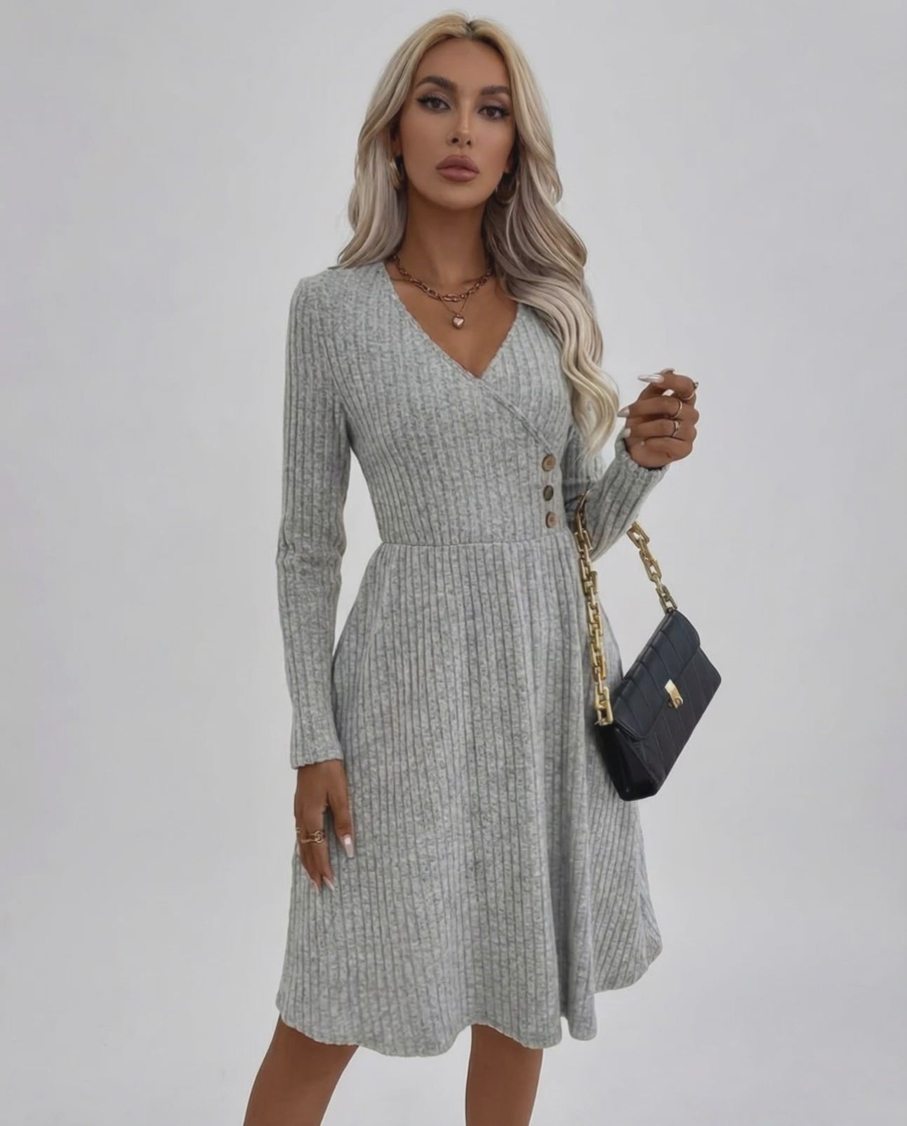 Florence Midi Dress by Lauven – Women's Grey Midi Dress with Long Sleeve V-Neck and A-Line Silhouette.