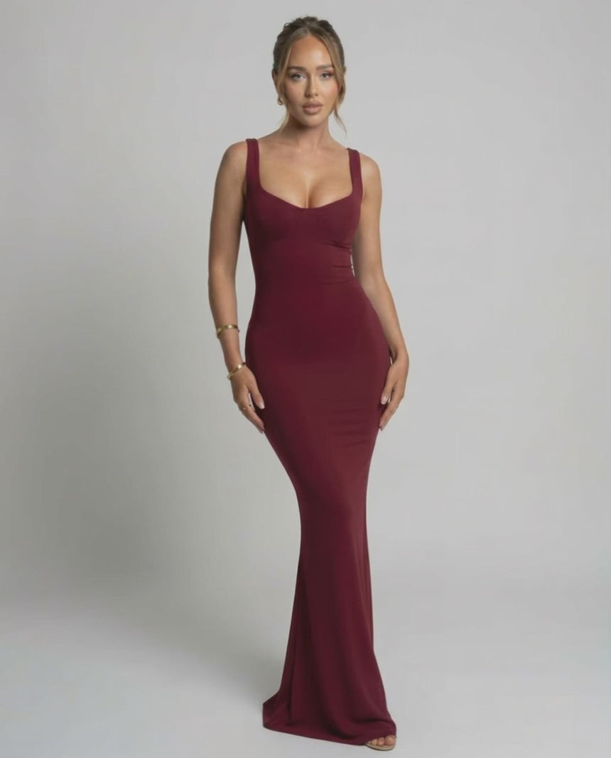 Valora Maxi Dress - burgundy slip silhouette with U-neck design, body-skimming finish by Lauven.