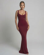 Valora Maxi Dress - burgundy slip silhouette with U-neck design, body-skimming finish by Lauven.