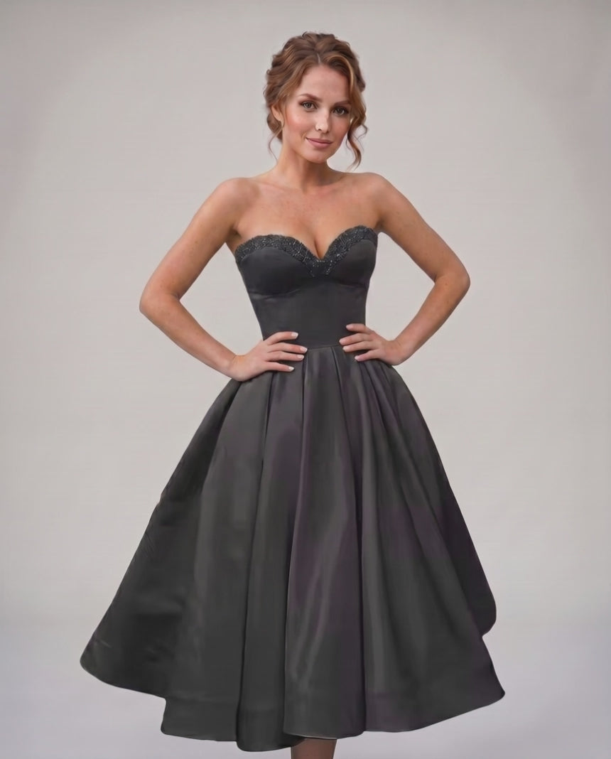 Veloura Midi Dress by Lauven — satin strapless sweetheart A-line midi dress
