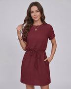 Aveline Mini Dress by Lauven — textured short sleeve round neck A-line mini dress with tie waist