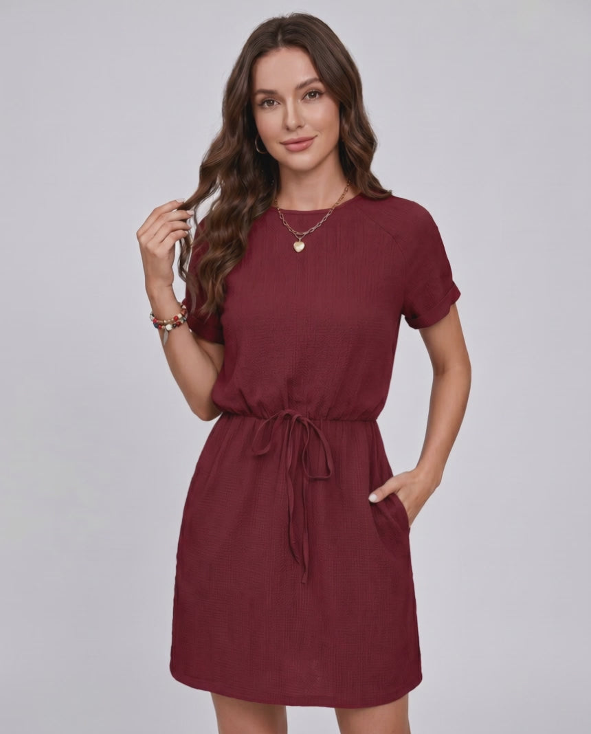 Aveline Mini Dress by Lauven — textured short sleeve round neck A-line mini dress with tie waist