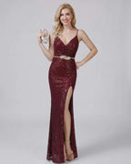 Celeste Maxi Dress by Lauven — sequin sleeveless V-neck mermaid maxi dress with spaghetti straps and front slit