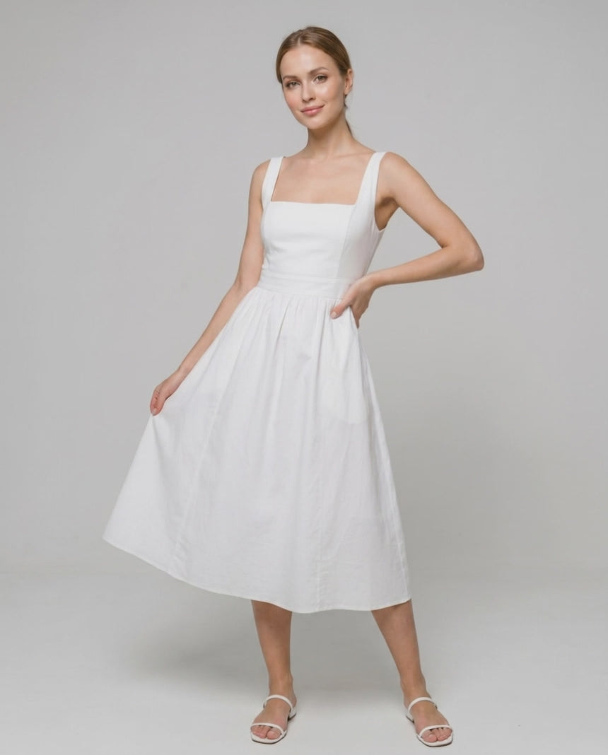 Aveline Midi Dress by Lauven — lightweight sleeveless square neck fit and flare midi dress