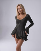 Valisse Mini Dress by Lauven — stretch knit long sleeve V-neck bodycon mini dress