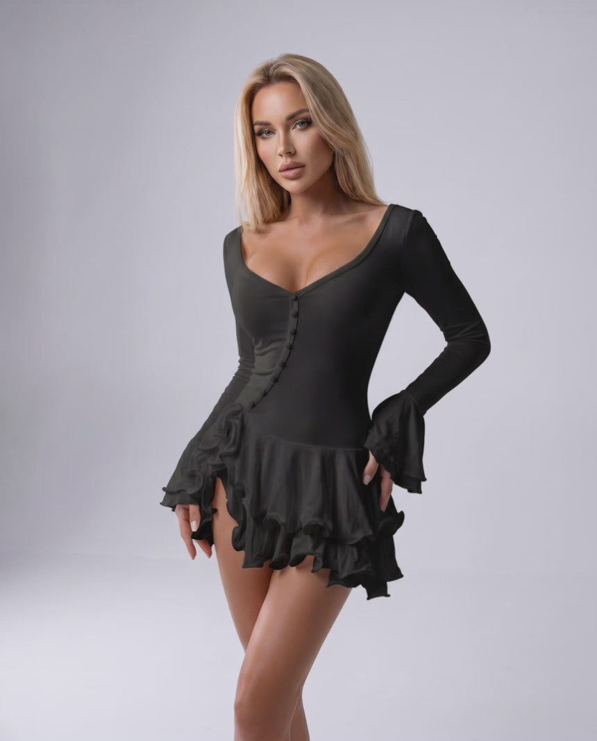Valisse Mini Dress by Lauven — stretch knit long sleeve V-neck bodycon mini dress