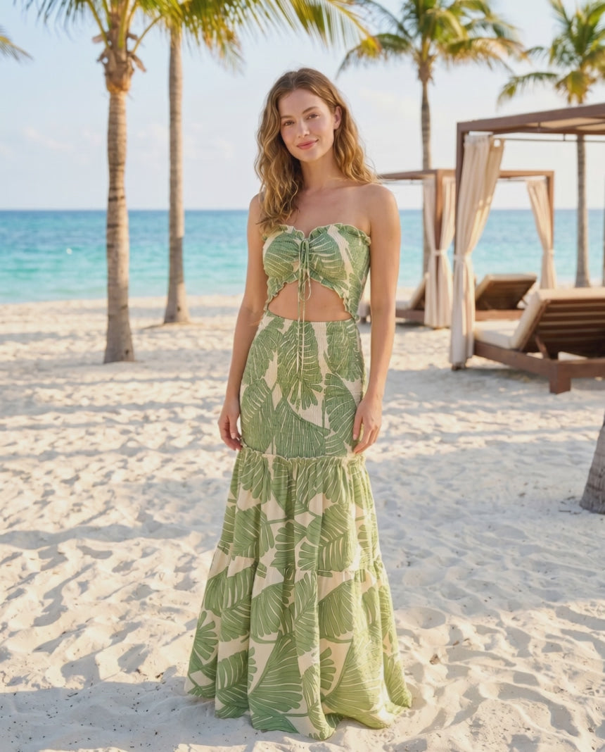 Solmera Maxi Dress by Lauven — textured cotton blend strapless sleeveless fitted tiered maxi dress