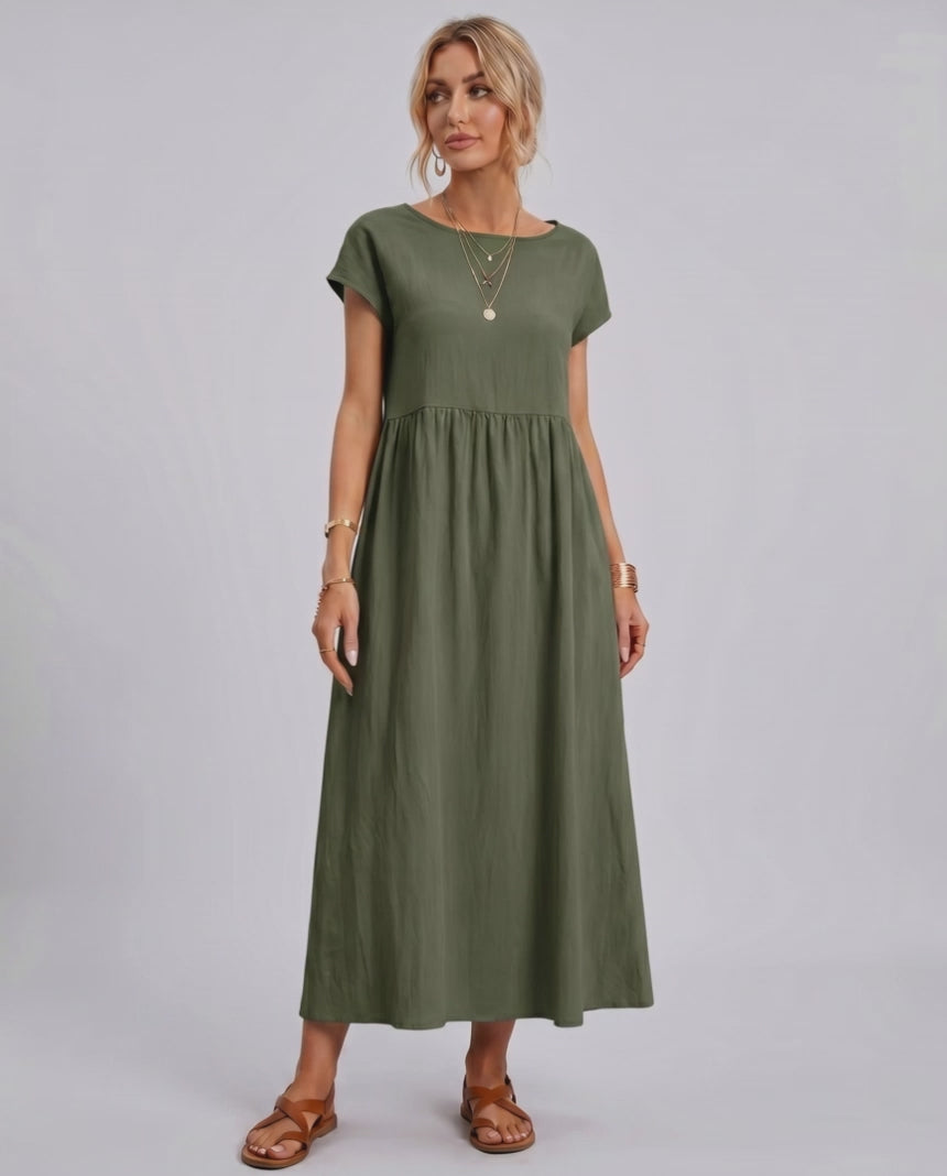 Solenne Midi Dress by Lauven — cotton linen short sleeve o-neck loose midi dress
