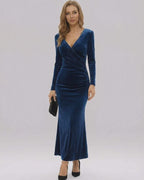 Marina Maxi Dress by Lauven in deep navy velvet, featuring a V-neckline and long sleeves, ideal for evening wear.