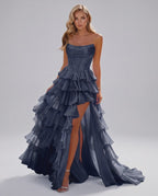 Celestia Maxi Dress by Lauven — organza strapless corset tiered maxi dress