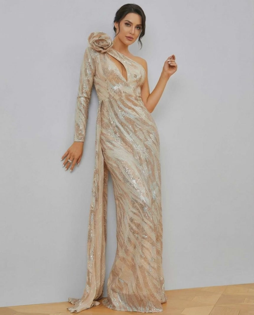 Celeste Maxi Dress by Lauven featuring a one-shoulder design and shimmering sequins, perfect for elegant evening wear.