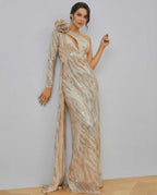 Celeste Maxi Dress by Lauven featuring a one-shoulder design and shimmering sequins, perfect for elegant evening wear.