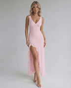 Rosalie Maxi Dress - Pink elegant dress with ruffle slit, flowing silhouette, and lightweight fabric by Lauven.
