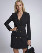 Luna Mini Dress by Lauven, sleek black blazer dress with double-breasted design and gold-tone buttons.