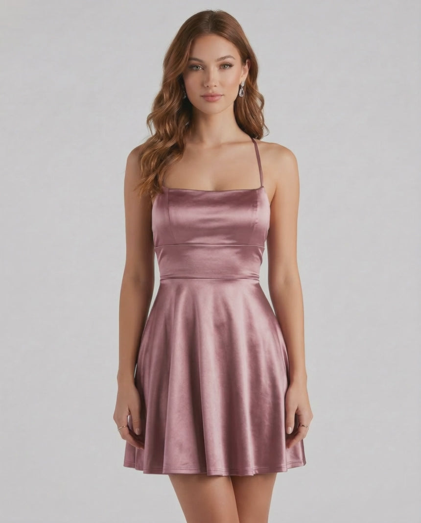 Rose Satin Mini by Lauven - Elegant A-Line Mini Dress with Delicate Spaghetti Straps in Rose Satin Finish.