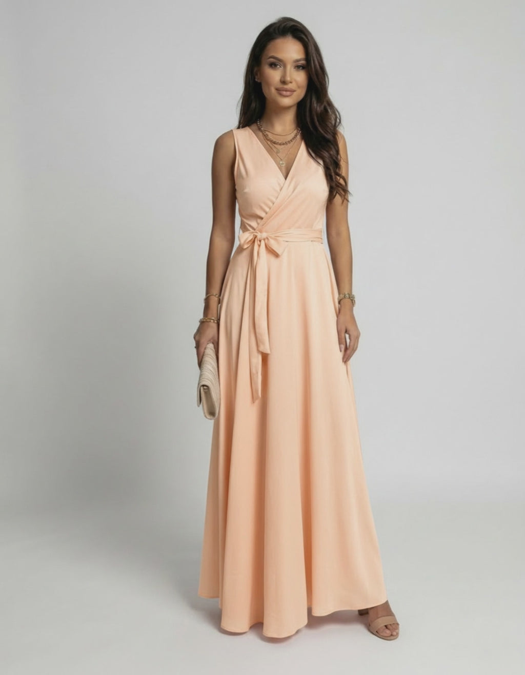Serena Maxi Dress by Lauven in soft peach, featuring a V-neck silhouette and flowing length for elegant style.