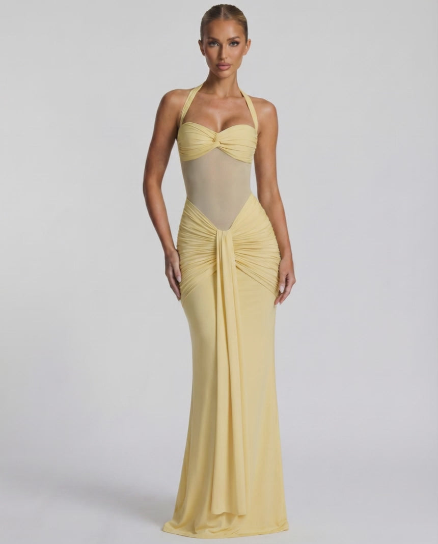 Solara Maxi Dress - Yellow Halter Dress with Mesh Panel and Mermaid Silhouette by Lauven