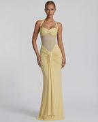 Solara Maxi Dress - Yellow Halter Dress with Mesh Panel and Mermaid Silhouette by Lauven