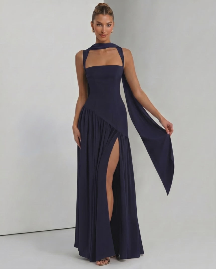 Seralune Maxi Dress by Lauven — stretch crepe sleeveless square neck fitted maxi dress