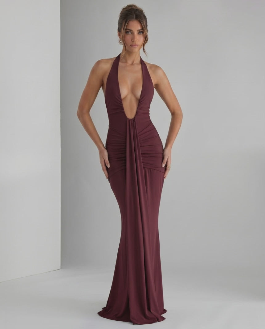 Aurelia Maxi Dress by Lauven, featuring stretch jersey, halter neck, and body-skimming silhouette for modern elegance.