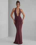 Aurelia Maxi Dress by Lauven, featuring stretch jersey, halter neck, and body-skimming silhouette for modern elegance.