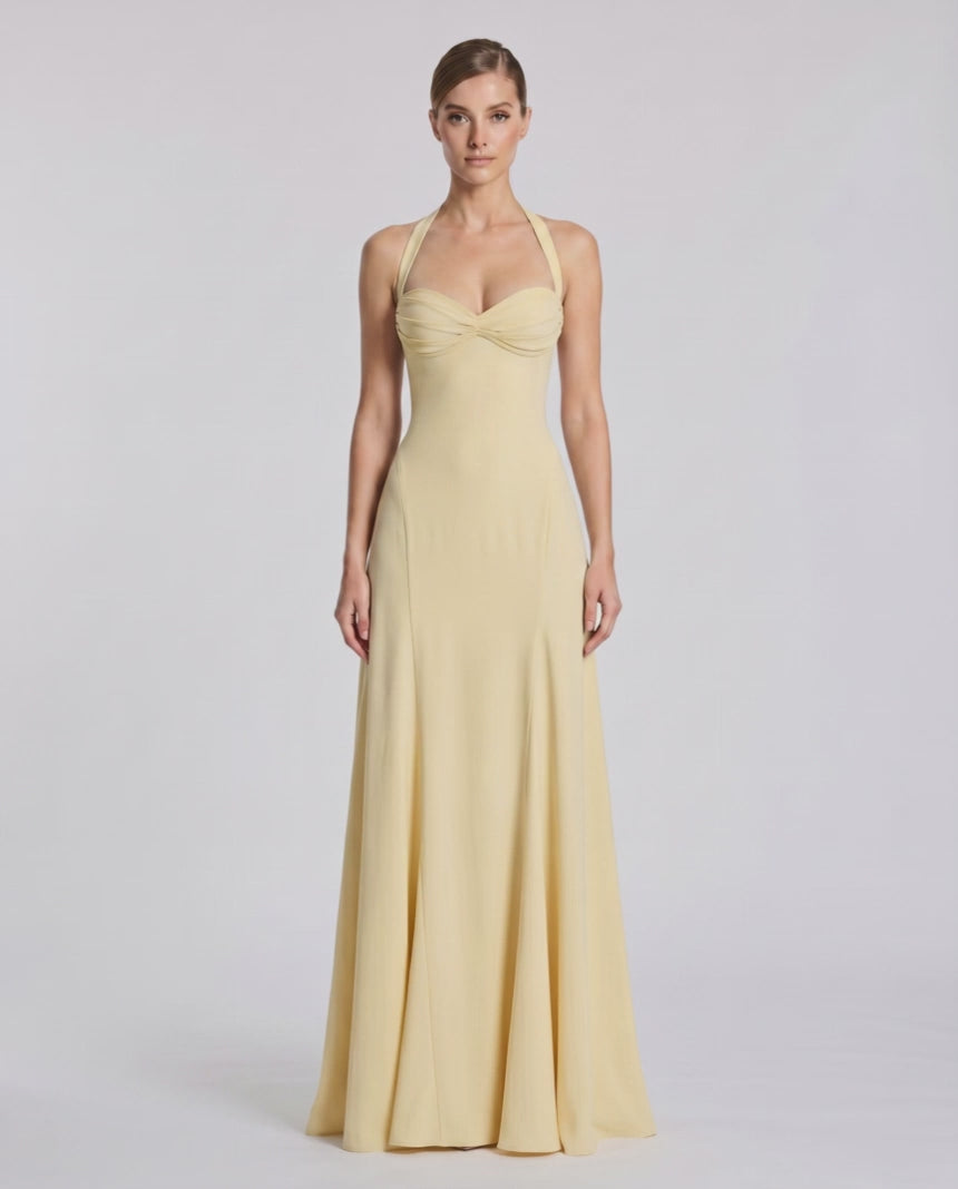 Celestia Maxi Dress by Lauven — stretch blend sleeveless sweetheart halter fit and flare maxi dress