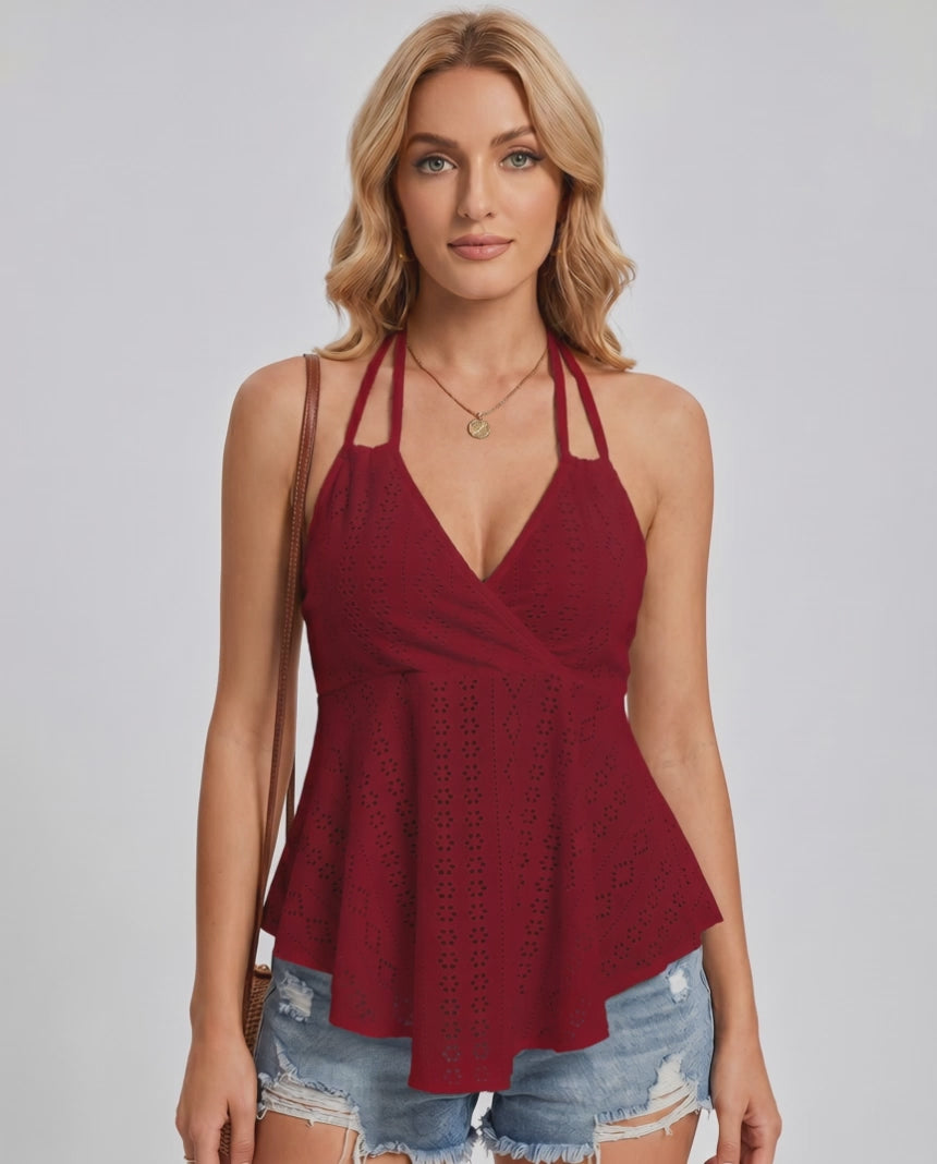 Solvane Top by Lauven — women’s eyelet halter top with flowy fit