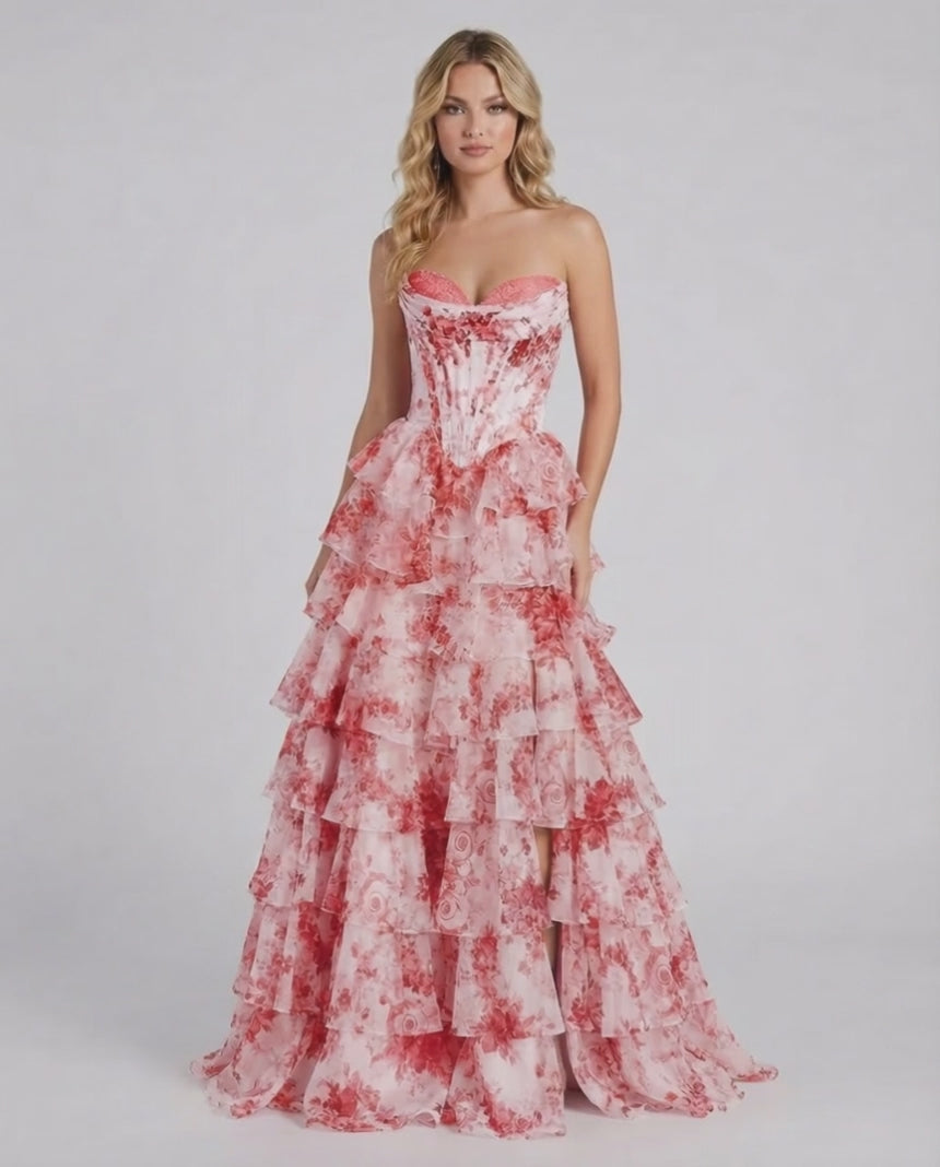 Elegant Rosalia Maxi Dress by Lauven featuring a romantic pink floral print and tiered chiffon design.