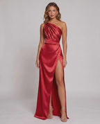 Veloura Maxi Dress by Lauven — satin one-shoulder mermaid maxi dress with slit