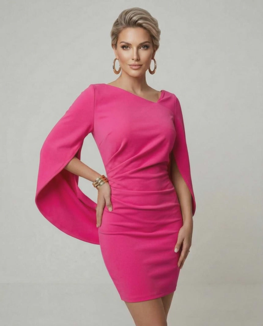 Fiora Mini Dress by Lauven in vibrant hot pink with dramatic cloak sleeves and a flattering sheath design.