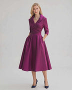 Serelune Midi Dress by Lauven — satin blend 3/4 sleeve V-neck A-line midi dress