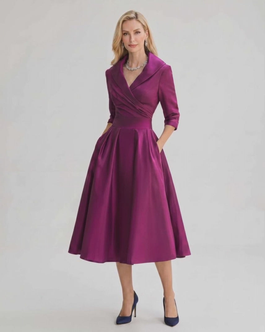 Serelune Midi Dress by Lauven — satin blend 3/4 sleeve V-neck A-line midi dress