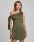 Veloura Mini Dress featuring satin finish, asymmetric neckline, and A-line silhouette by Lauven.
