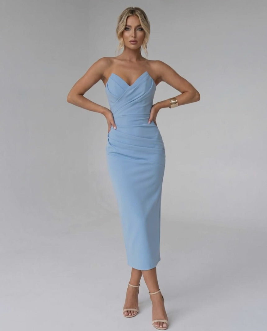 Serelle Midi Dress by Lauven — smooth stretch strapless sweetheart neck fitted midi dress