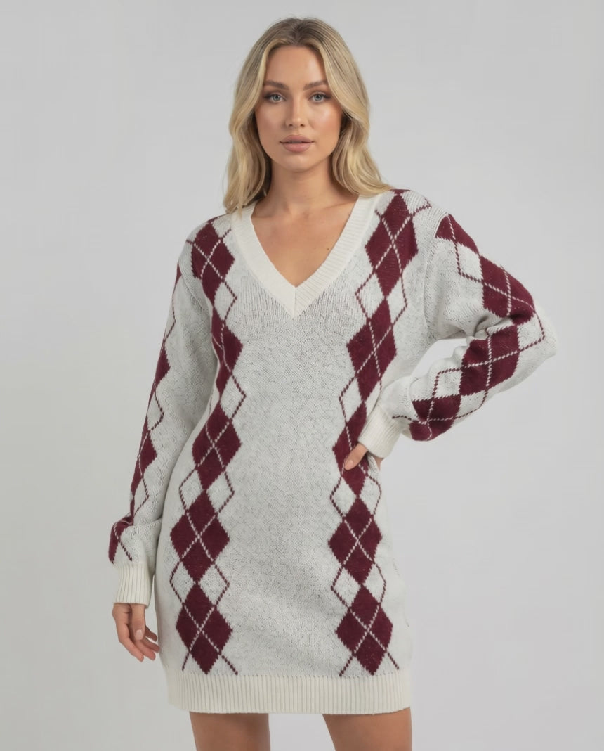 Arden Mini Dress in soft acrylic knit, featuring cozy argyle pattern, V-neckline, and relaxed fit by Lauven.