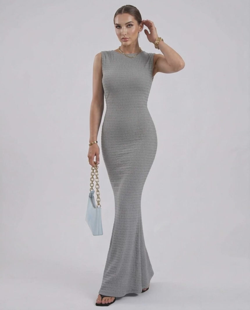 Liora Maxi Dress by Lauven - Grey sleeveless slim fit ankle-length pencil dress with a textured pattern.