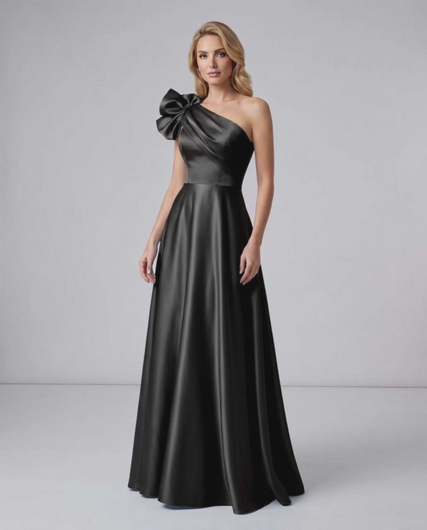 Aurevina Maxi Dress by Lauven — satin one shoulder A-line maxi dress with ruffle detail