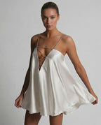 Alba Mini Dress by Lauven, elegant satin A-line dress with rhinestone accents in classic ivory.