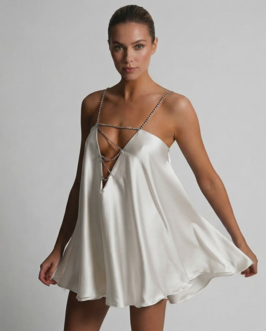 Alba Mini Dress by Lauven, elegant satin A-line dress with rhinestone accents in classic ivory.