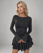 Aurevia Mini Dress by Lauven — stretch long sleeve round neck fitted mini dress with ruffle hem
