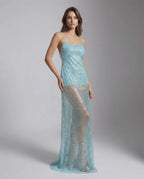 Celeste Maxi Dress by Lauven – Aqua sequin dress featuring U-neck and strappy back, creating a luminous and refined silhouette.