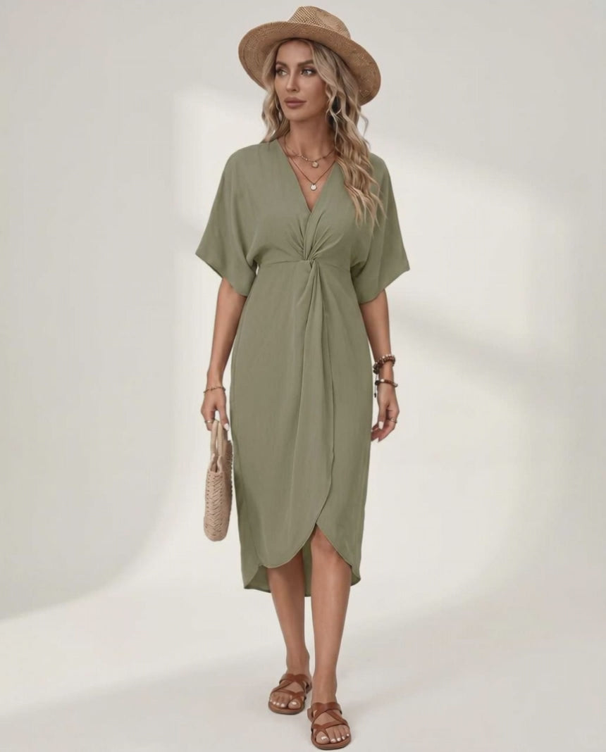 Elara Midi Dress by Lauven — premium short sleeve V-neck wrap style midi dress