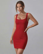 Ruby Mini Dress by Lauven in classic red ribbed knit, featuring a bodycon fit and square neckline.