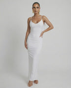 Celeste Maxi Dress by Lauven, elegant white sleeveless bodycon with spaghetti straps and smooth fit.